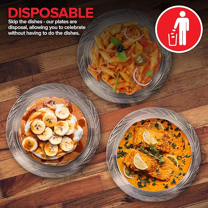 Stock Your Home 120-Count, 9 Inch Clear Plastic Plates, Flexible, Disposable Heavy Duty Party Dinner Plate, for Wedding Reception, Holiday Parties, Mains, Sides, Salad, and Dessert, Large Size