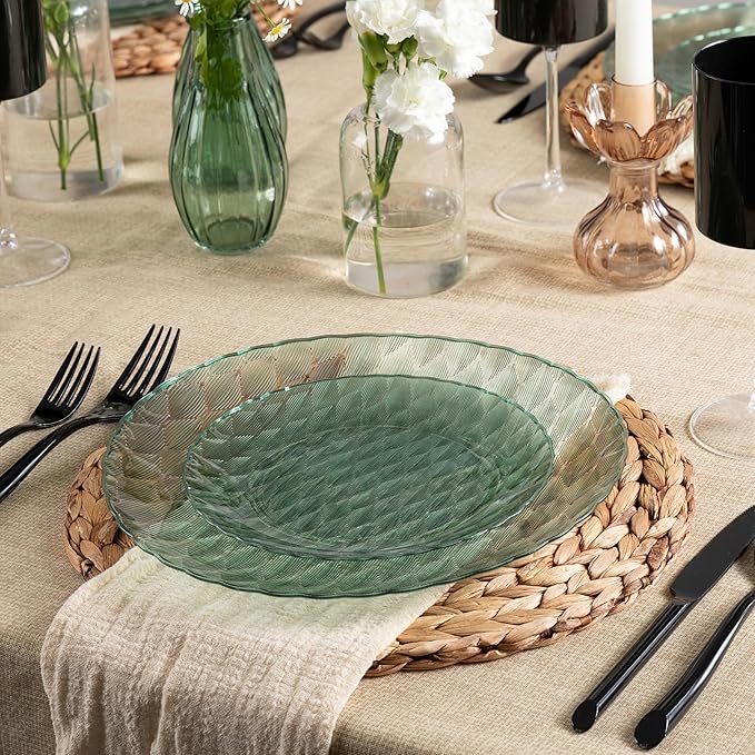 PLASTICPRO 32 Pack Plastic Dishes Set of 16-10 inch Plates and 16-7 inch Plates, Elegant Translucent Green Disposable Fancy Tableware Premium Heavyweight