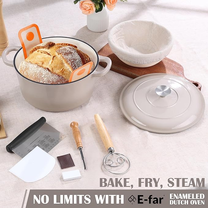 E-far Enameled Dutch Oven Pot for Bread Baking, 6QT Enameled Cast Iron Cookware with Self-Basting Lid & Sourdough Bread Baking Supplies, Heavy Duty Casserole Pot & Dual Handles-Khaki