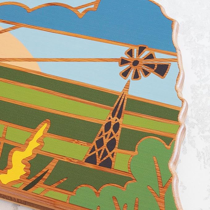 Totally Bamboo Nebraska State Shaped Cutting Board and Charcuterie Serving Platter with Artwork by Summer Stokes, Includes Hang Tie for Wall Display