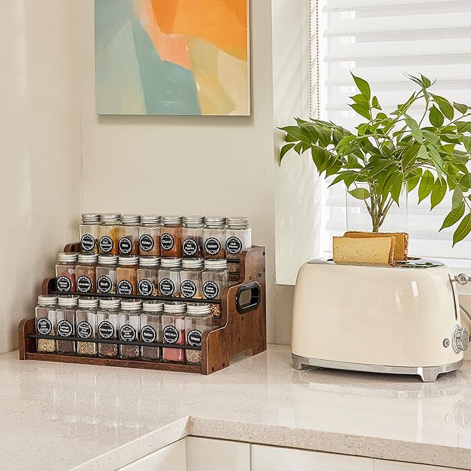 Wood Spice Rack Organizer for Cabinet, 3 Tier Spice Shelf Storage, Kitchen Seasoning Organizer for Spice Bottles, Jars, Seasonings, Baking Supplies