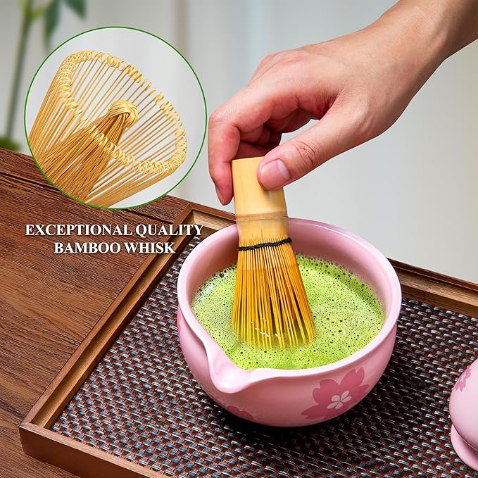 Matcha Whisk Set Matcha Making Kit Bamboo Chasen Ceramic Whisk Holder Stand Sifter Scoop Japanese Tea Tools (Pink Printing)