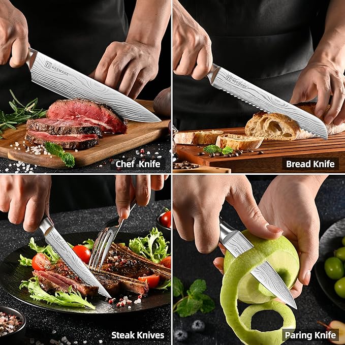 KEEMAKE 14-Piece Knife Set with Block,Ultra Sharp Knife Block Set High Carbon Stainless Steel Kitchen Knife Set Professional Chef Knife Set with Ergonomic Pakkawood Handle and Sharpener