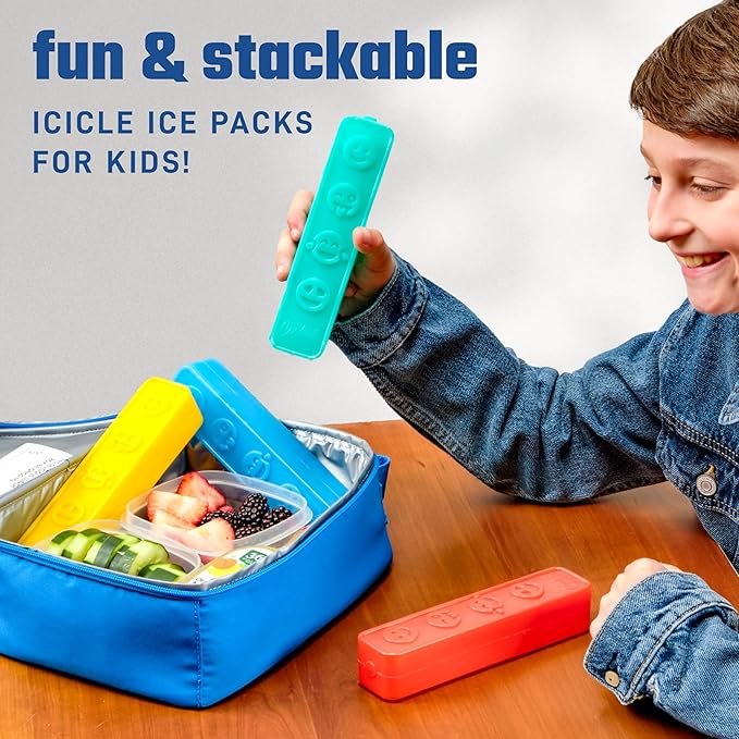 Cool Coolers by Fit & Fresh Kids Icicle Lunch Box Ice Pack Sticks, Icicle Ice Sticks for Lunch Bags and Coolers, Lunch Ice Pack Sticks, Reusable, Space-Saving, Multicolored, Smile Icicles, 4PK