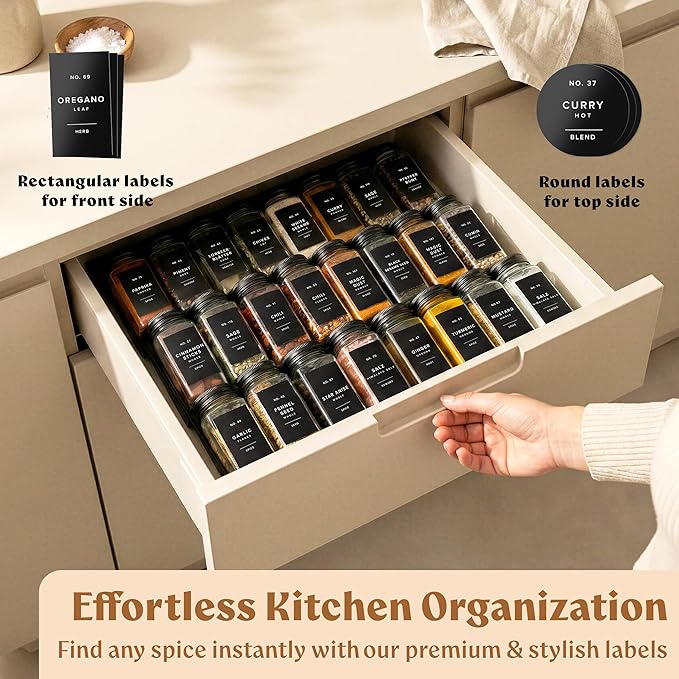 Glass Spice Jars with Label and Black Aluminium Lids (24 x 4oz) Spice Containers with 240 Labels, Shaker Inserts, Steel Funnel, Empty Square Seasoning Organizer (Black Aluminium Lid)