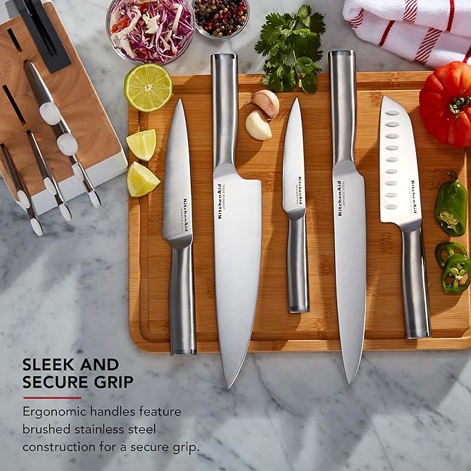 KitchenAid Slim Two-Tone Knife Block Set with Built-In Knife Sharpener, High Carbon Stainless Steel Kitchen Knives, Sharp Kitchen Knife Set with Block, 14-Piece, White