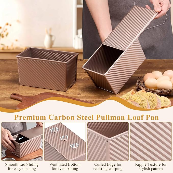 LIANYU 6 Pack Pullman Loaf Pan with Lid Set, Pullman Sourdough Bread Baking Pans, 1 Pound Small Carbon Steel Toast Box, Nonstick Bakeware for Homemade Sandwich, Rose Gold