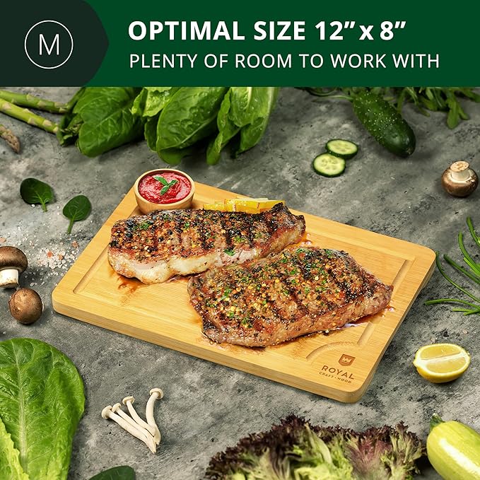 ROYAL CRAFT WOOD Organic Bamboo Cutting Board with Juice Groove - Kitchen Chopping Board for Meat (Butcher Block) Cheese and Vegetables