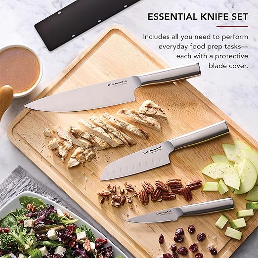 KitchenAid 3 Piece Forged Chef Knife Set High Carbon Japanese Steel, Includes 8 Inch Chef Knife, 5 Inch Santoku Knife, and 3.5 Inch Paring Knife with Blade Covers