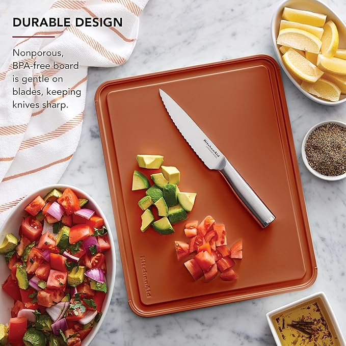 KitchenAid Classic Plastic Cutting Board with Perimeter Trench and Non Slip Edges, Dishwasher Safe, 11 x 14 inch, Scorched Orange
