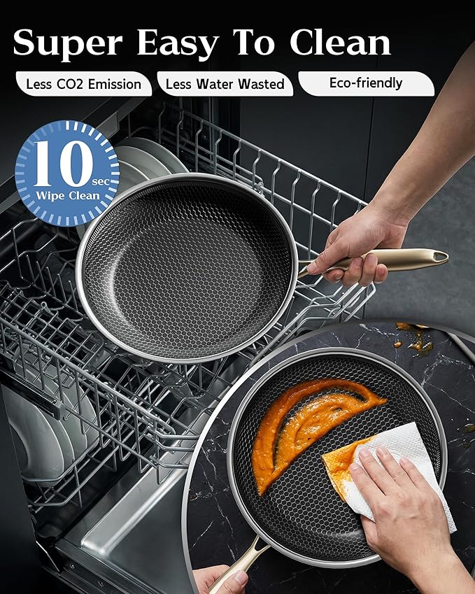 Honeycomb Stainless Steel Nonstick Frying Pan with Lid 10 Inch, Induction Cooktop Compatible Skillet, PFOA-Free Scratch-Proof, Dishwasher & Oven Safe, Stay-Cool Handle, Gold Kitchen Cookware
