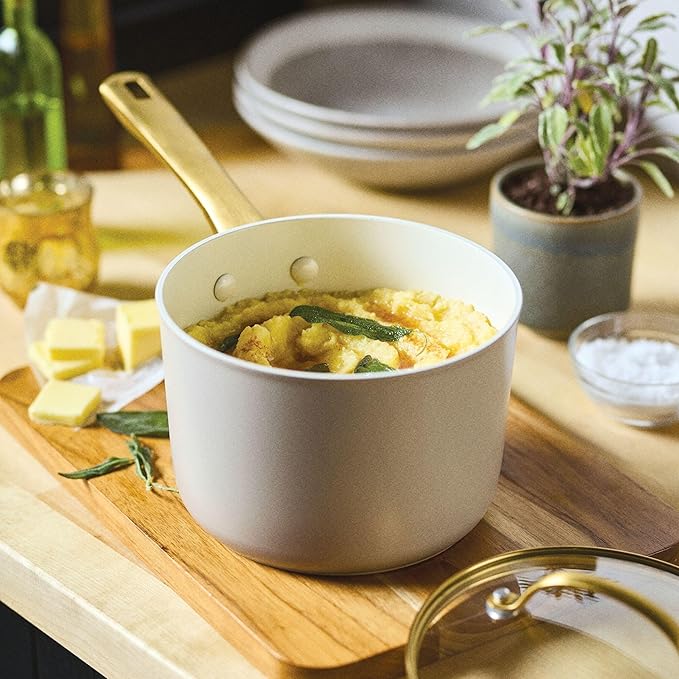 Farberware Forged Induction Ceramic Nonstick Sauce Pan/Soup Pot, Dishwasher Safe, Gold Color Stainless Steel Handle, 3 Quart - Taupe