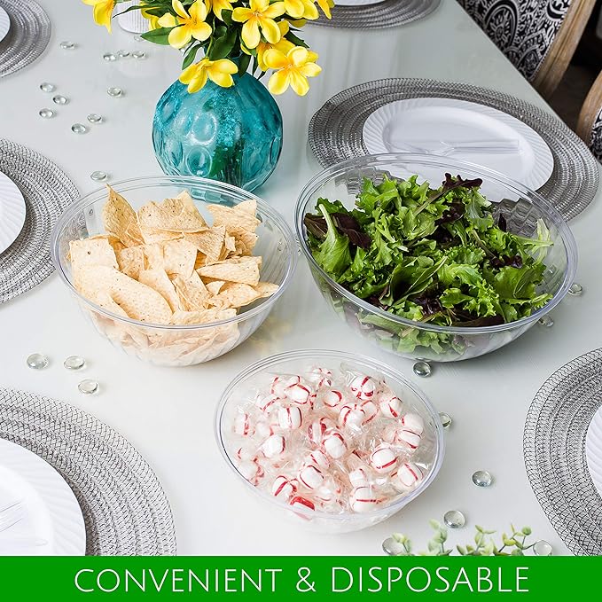 PLASTICPRO Disposable Round Crystal Clear Serving Bowls For Party Snack or Salad, Plastic Clear Chip Bowls, Candy Dish (2, 48 OUNCE)