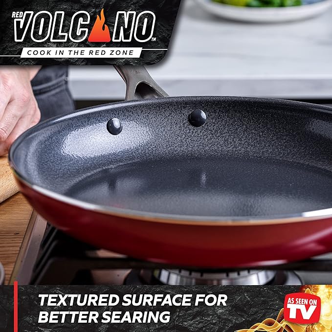Textured Ceramic Nonstick, 14 Piece Cookware Pots and Pans Set with Stainless Steel Handles, PFAS PFOA & PTFE Free, Dishwasher Safe, Oven & Broiler Safe to 600 Degrees, Red