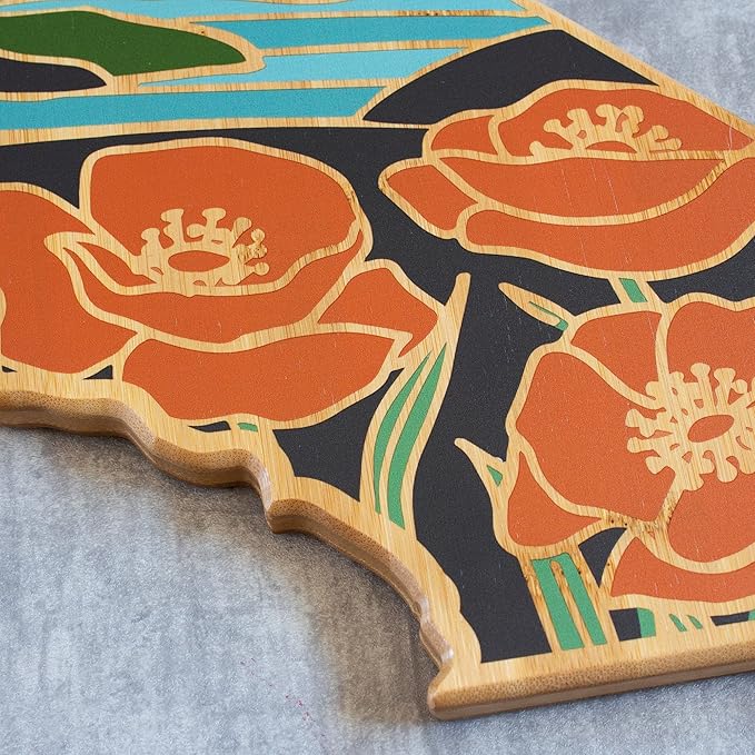 Totally Bamboo California State Shaped Cutting Board and Charcuterie Serving Platter with Artwork by Summer Stokes, Includes Hang Tie for Wall Display 11" x 14-1/4" x 5/8"