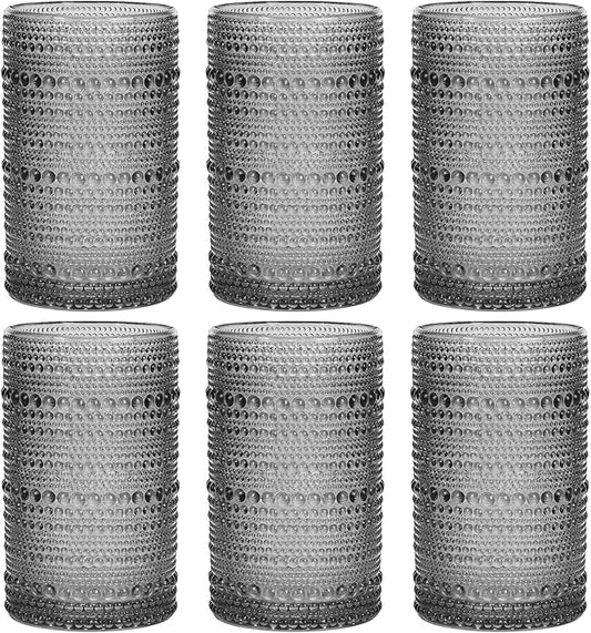 Moretoes Hobnail Drinking Glasses Set of 6,12 Oz Highball Glasses Clear Embossed Boho Water Glass Cups Kitchen Bar Tumbler Glassware Set for Whiskey, Beer, Juice, Milk and Various Mixed Drinks (Gray)