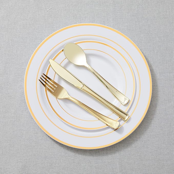 N9R 100PCS Gold Plastic Silverware - Gold Plastic Cutlery Set Disposable Flatware Dinnerware -50 Forks, 25 Spoons, 25 Knives for Party, Birthday, Wedding