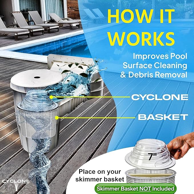 The Skimmie Cyclone (Skimmer Basket NOT Included) - Turbocharges Pool Skimmer Water Flow - Improves Pool Surface Cleaning & Debris Removal - 7" Funnel Design Works with Any Pool Water Level