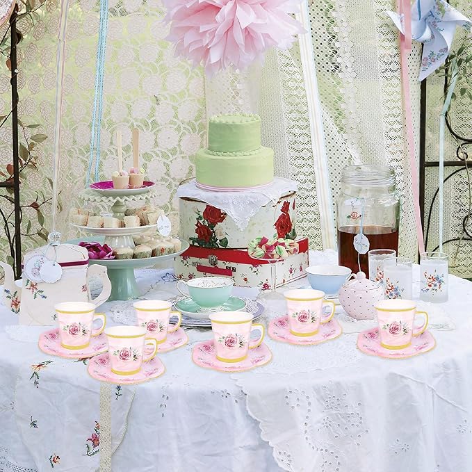 100 Pcs Paper Tea Cups and Plates Pink Floral Disposable Paper Teacups and Saucer Sets with Gold Rim Decorations for Hot Cold Drinks for Wedding Birthday Baby Shower Tea Party, Serve 50