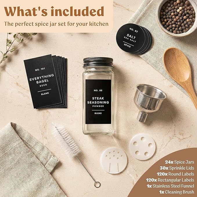 Glass Spice Jars with Label and Black Aluminium Lids (24 x 4oz) Spice Containers with 240 Labels, Shaker Inserts, Steel Funnel, Empty Square Seasoning Organizer (Black Aluminium Lid)