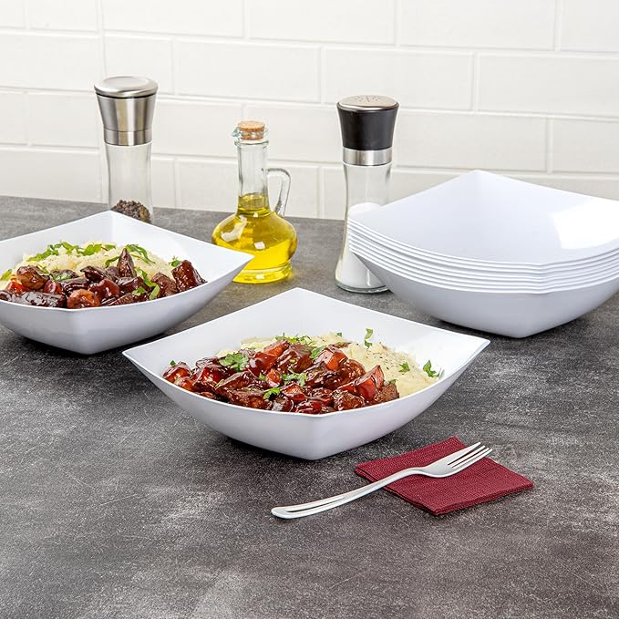 Restaurantware Moderna 64 Ounce Fancy Plastic Bowls 10 Square Disposable Salad Bowls - Durable Heavy-duty White Plastic Bowls For Warm And Cold Foods