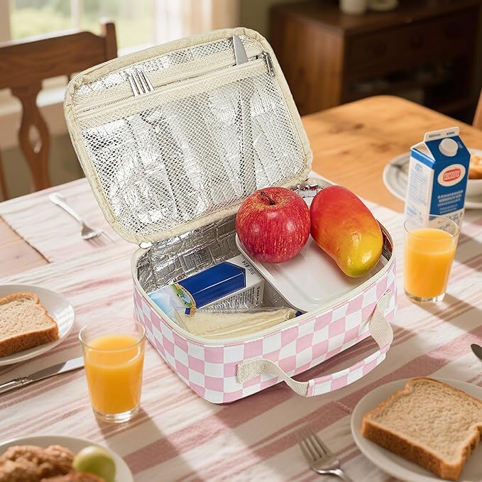 LEDAOU Lunch Box Kids Insulated Lunch Bag Girls Boys Toddler Reusable Lunchbox for School Picnic Hiking (Checkered-Pink)