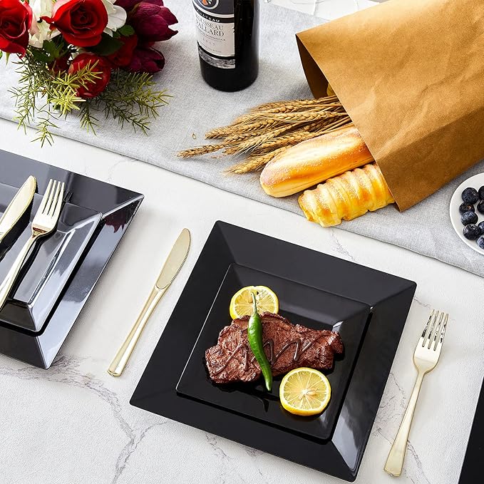 N9R 60PCS Black Plastic Plates Square, 30 Dinner & 30 Dessert Plates Heavy Duty, Fancy Disposable Plates for Party, Wedding and other Events