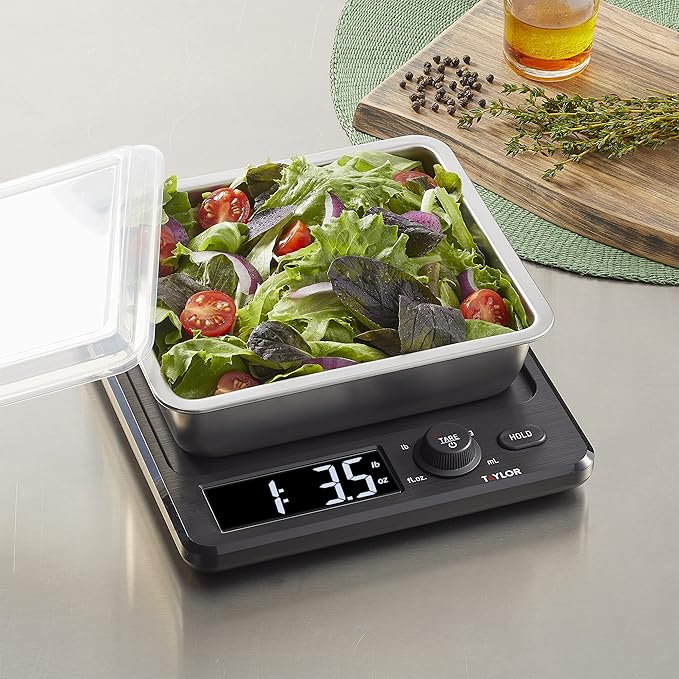 Taylor Digital Kitchen Scale with Dishwasher Safe Stainless Steel Container and Snap On, 22 pound capacity, Black