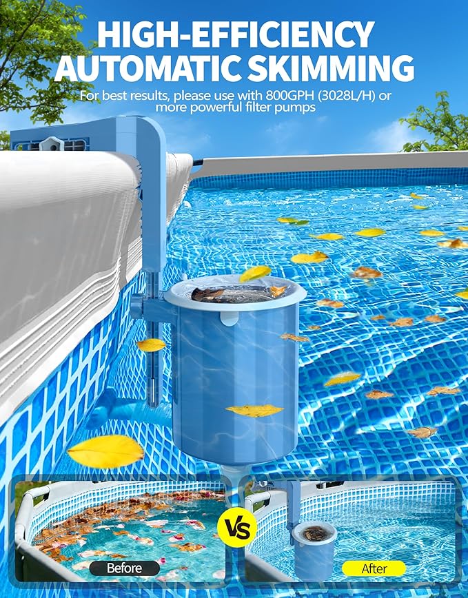 BluSwim [Patented] Above Ground Pool Skimmer with Solar Digital Thermometer | Wall Mount Surface Skimmer - Auto Skimming Pool Floating Debris | 2 Upgraded Bracket - Stable&Height Adjustable-Steel Blue