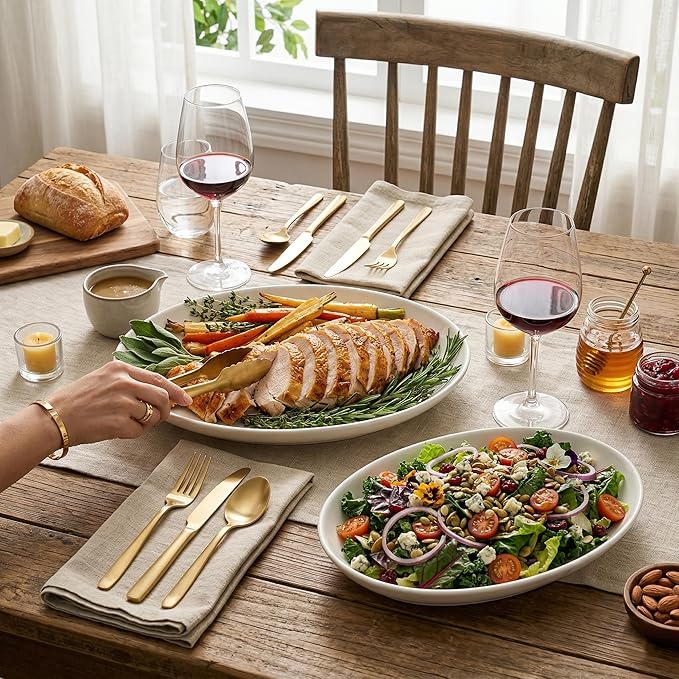 Oval Serving Platters Set of 2 (14" & 12"), Large Deep Ceramic Serving Dishes for Entertaining, Turkey, Fish, Salad, Oven Safe White Porcelain Serving Plates