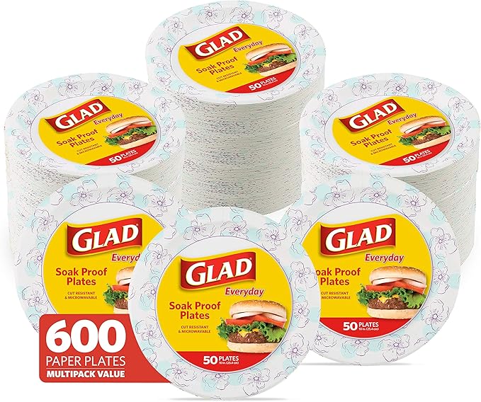 Glad Round Disposable Paper Plates, Blue Flower Design, Heavy Duty Soak Proof Cut Resistant Microwave Safe Plates for Meals, Parties, Picnics, and Events, 10 Inch, 50 Count - 12 Pack
