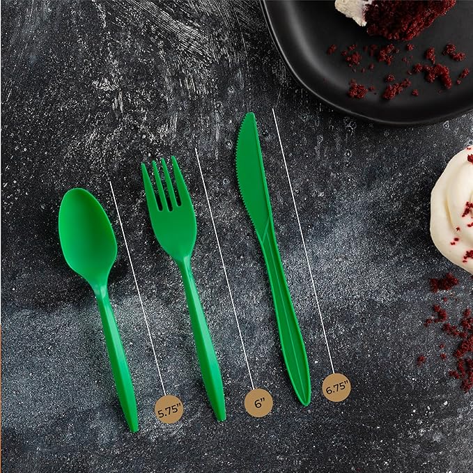 PLASTICPRO 400 Pack Disposable Christmass Green Cutlerys Plastic Utensils Assorted Colored Cutlery Combo Set Forks Spoons Knives Silverware, Green Plastic Cutlery for Parties