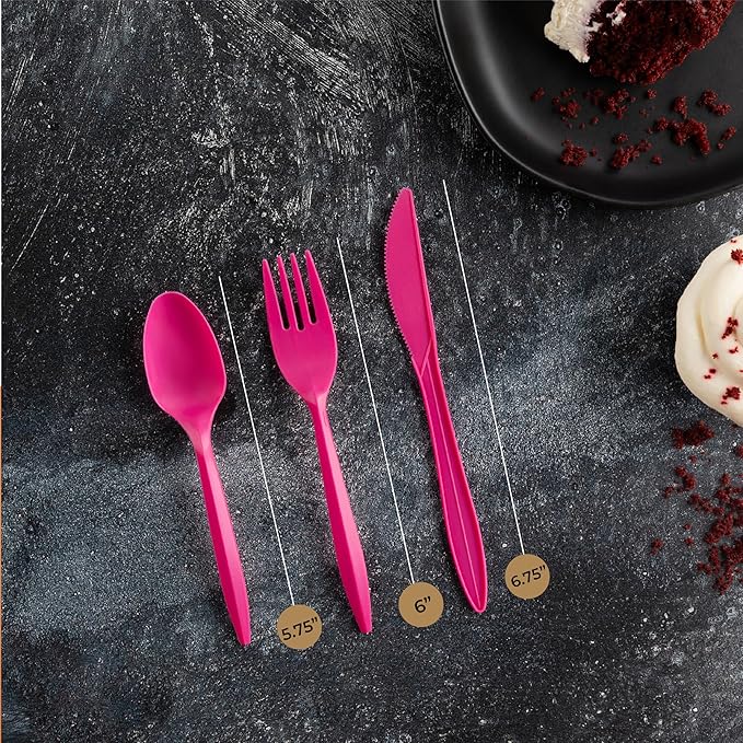 PLASTICPRO 400 Pack Disposable Plastic Utensils Assorted Colored Cutlery Combo Set Forks Spoons Knives Silverware, Pink Plastic Cutlery for Parties