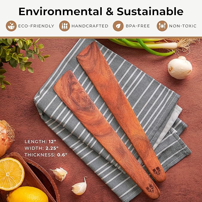 Wooden Spatula for Cooking Set of 2 – 12 Inch Teak Spatula Turner & Flipper for Cast Iron, Flat Egg & Pancake Scraper – Utensils by Woodenhouse