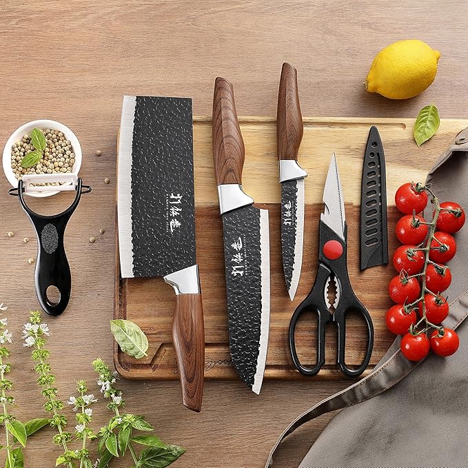 5 PCS kitchen Chef Knife Set, include 7 inch cleaver, 7 inch Santoku, 4.5 inch utility knife, Kitchen Scissors and Peeler
