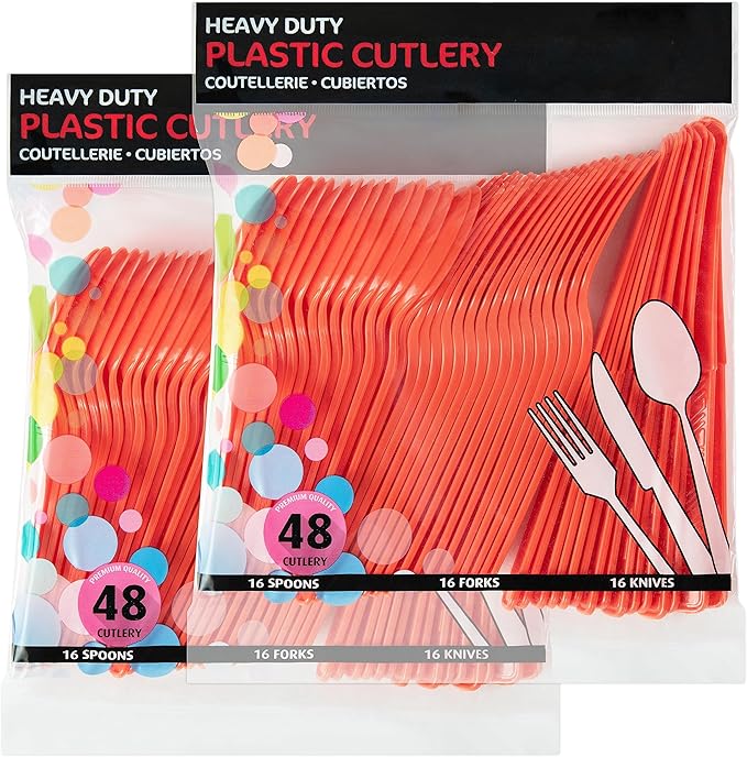 DecorRack Plastic Cutlery Set, Orange Colored Plastic Silverware Sets for Parties, 96 Piece Bulk Heavy Duty Utensils (Orange, 96 Pieces)