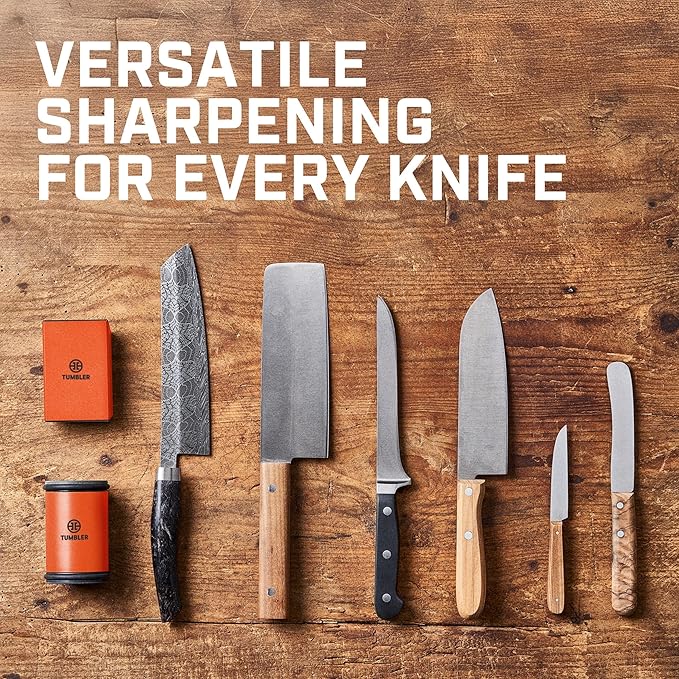 TUMBLER Pro Rolling Knife Sharpener™ - Knife Sharpening Made Easy - Knife Sharpening Kit with Removable Disc System - Include 4-Layer Diamond Sharpening Disc & EdgeBoost Ceramic Disc, Orange V2