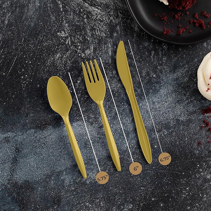 PLASTICPRO 400 Pack Disposable Plastic Utensils Assorted Colored Cutlery Combo Set Forks Spoons Knives Silverware, Gold Plastic Cutlery for Parties