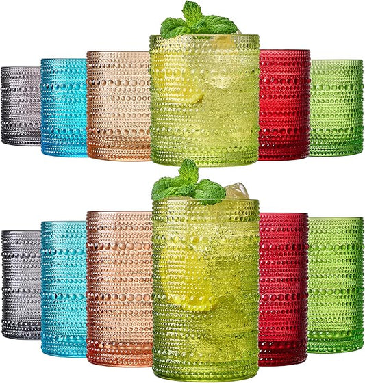 Khen Hobnail Beaded Highball Drinking Tumbler Glasses | Set of 12 | Autumn Colors Vintage Bubble Design Whiskey Glassware, Old-Fashioned, Embossed Design Water, Wine, Cocktail Rocks Glasses