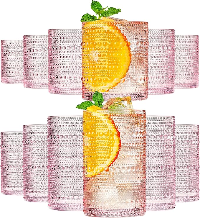 Khen Hobnail Beaded Highball Drinking Tumbler Glasses | Set of 12 | Pink Blush Color, Vintage Bubble Design Whiskey Glassware, Old-Fashioned, Embossed Design for Water, Wine, Cocktail, Rocks Glass