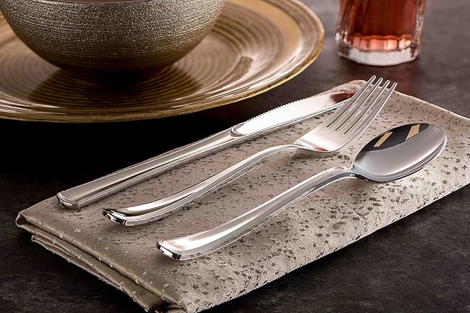 150 Silver Plastic Silverware Set - Disposable Flatware Cutlery - 50 Forks, 50 Spoons, 50 Knives - Heavy Duty Party Bulk