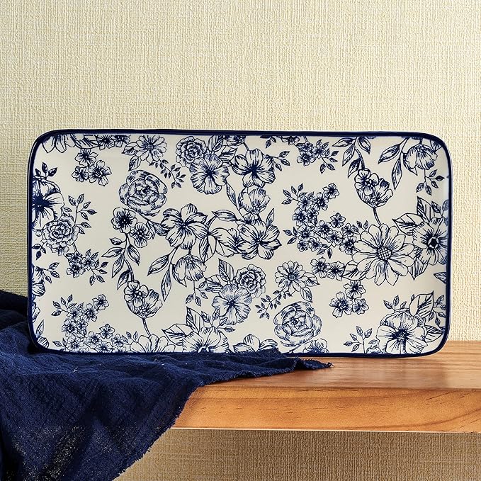 Pfaltzgraff Gabriela Blue Floral Rectangle Platter, 14.75 Inch (Pack of 6)