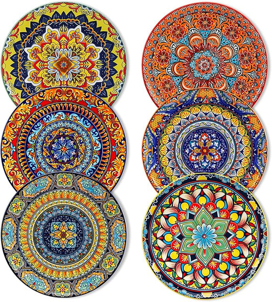 vancasso Colorful Dessert Plates Set of 6, 8.5 Inch Ceramic Salad Plates, Boho Small Dinner Plates, Bohemian Printed Kitchen Plate for Breakfast, Microwave & Dishwasher Safe Dishes, Series KRVI