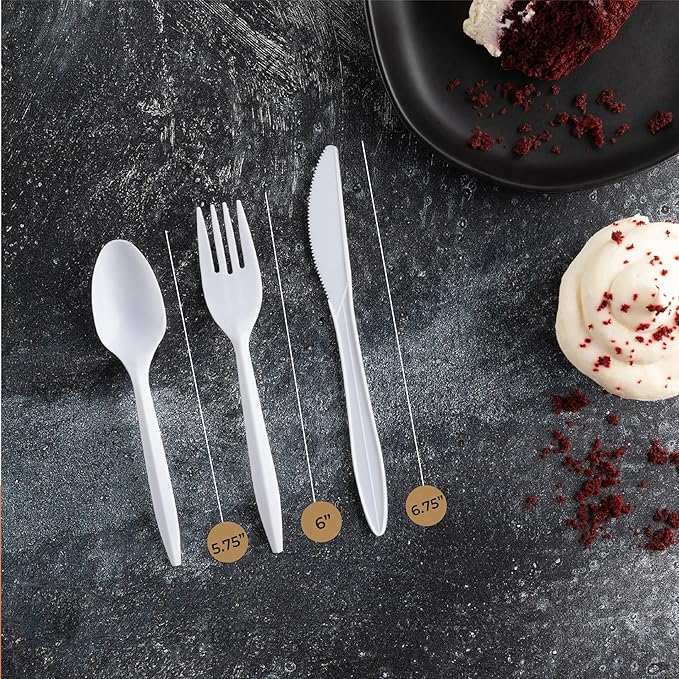 PLASTICPRO 400 Pack Disposable Plastic Utensils Assorted Colored Cutlery Combo Set Forks Spoons Knives Silverware, White Plastic Cutlery for Parties