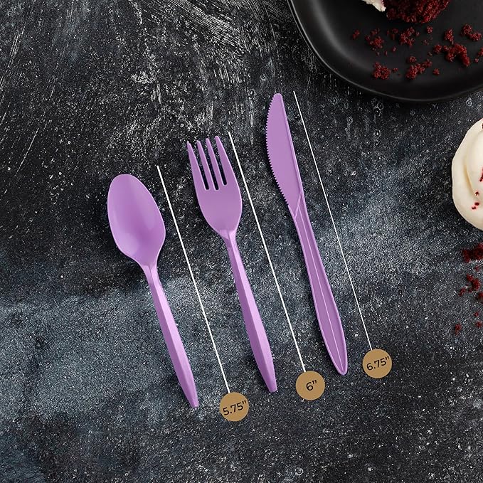 PLASTICPRO 400 Pack Disposable Plastic Utensils Assorted Colored Cutlery Combo Set Forks Spoons Knives Silverware, Purple Plastic Cutlery for Parties