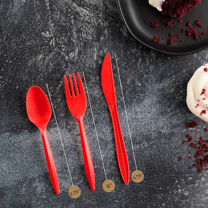 PLASTICPRO 400 PackChristmass Red HolidayDisposable Plastic Utensils Assorted Colored Cutlery Combo Set Forks Spoons Knives Silverware, Red Plastic Cutlery for Parties