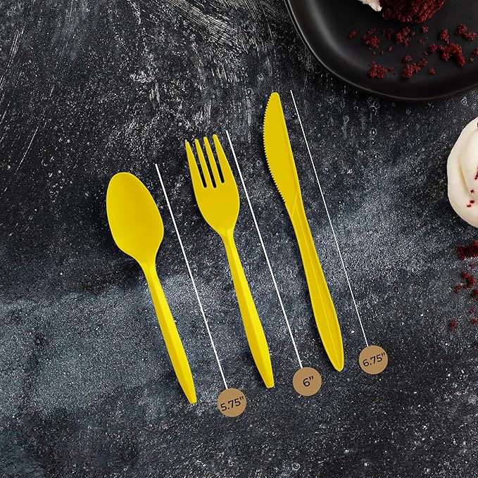 PLASTICPRO 400 Pack Disposable Plastic Utensils Assorted Colored Cutlery Combo Set Forks Spoons Knives Silverware, Yellow Plastic Cutlery for Parties
